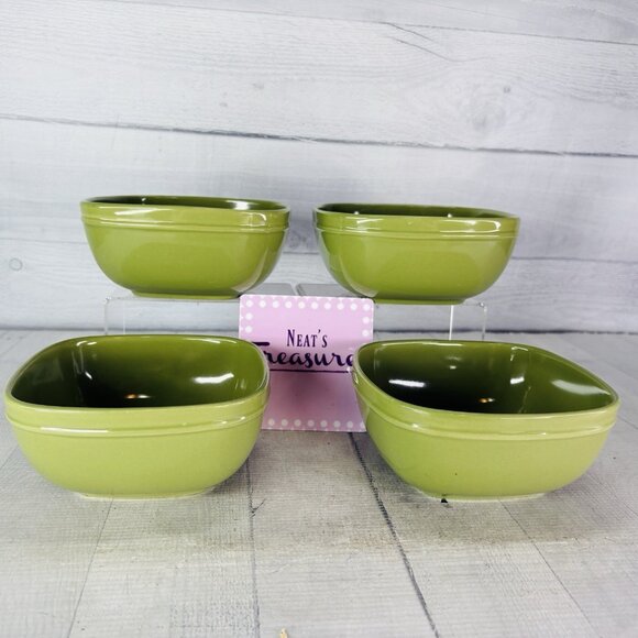 Home Trends CANOPY PEA POD Green Emboss Square Porcelain Soup Cereal Bowls Set 4 - Picture 1 of 15